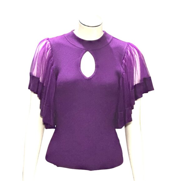 7Th Avenue Design Studio XS Purple Puff Flutter Sleeve Blouse Keyhole Cutout - Picture 2 of 15